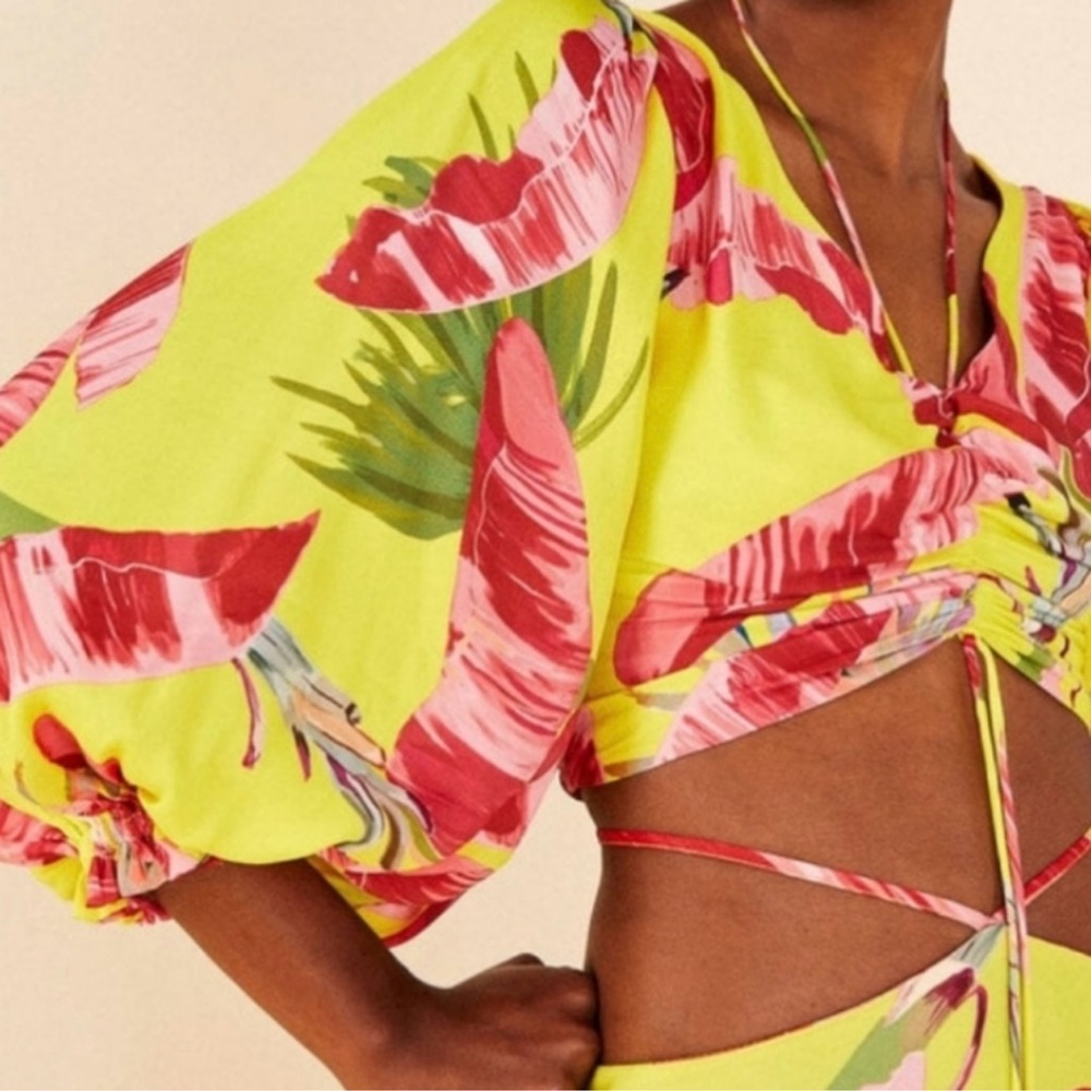 FARM Rio Neon Yellow & Pink Tropical Tie-Front Crop Top